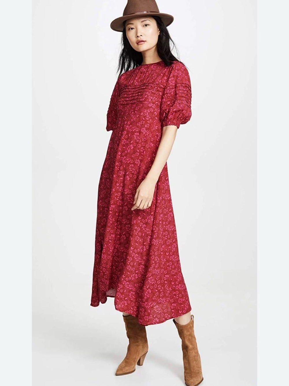 Free People Jessie Red Floral Puff Sleeve Cottagecore Prairie Midi Dress Size 0